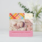 パッチワークチェック赤ちゃん女の子の誕生発表カード 案内状 (スタンド正面)