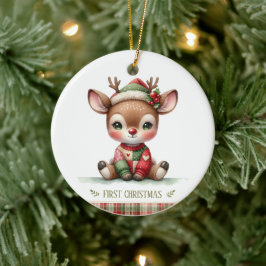 パッチワークトナカイ 初めてのクリスマス 思い出フォト セラミックオーナメント