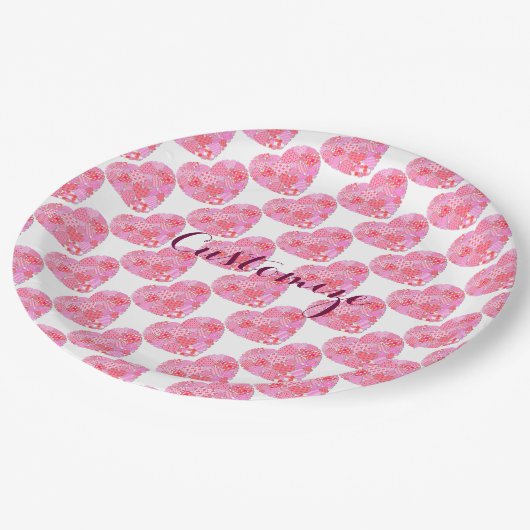 パッチワークハートホワイト紙プレート ペーパープレート (アングル)