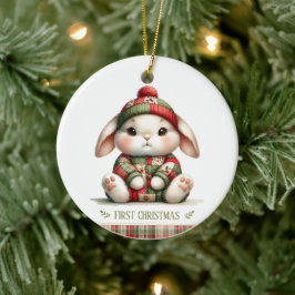パッチワークバニーの最初のクリスマス記念フォト セラミックオーナメント