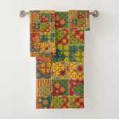 パッチワークパターンハートボタンストライプの緑(黄) バスタオルセット (インサイチュ)
