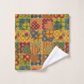 パッチワークパターンハートボタンストライプの緑(黄) バスタオルセット (ウォッシュタオル)