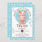 パッチワークヒッポチャイルドズブルー誕生日 招待状 (正面/裏面)