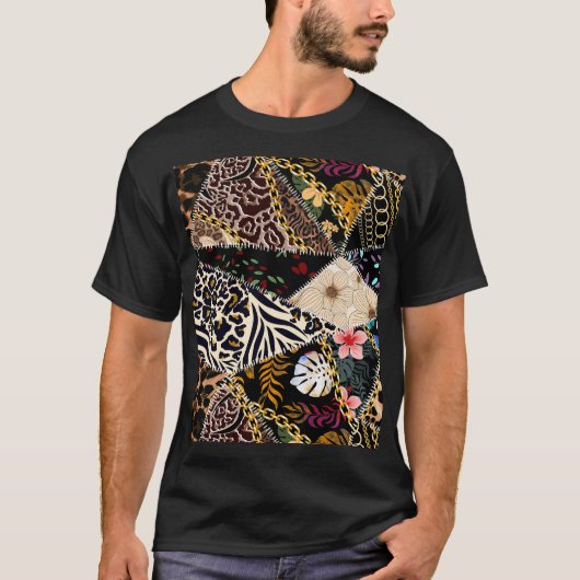 パッチワークヒョウ：民族裏地デザイン。 Tシャツ (正面)