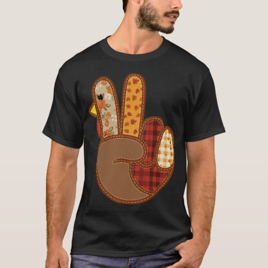パッチワークピースサインターキーハンド 感謝祭+秋 Tシャツ (正面)