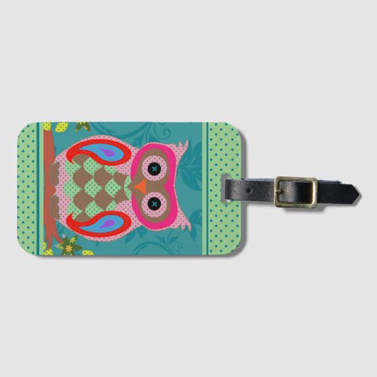 パッチワークフォークアートフクロウとドット ラゲッジタグ (正面横)