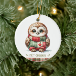 パッチワークフクロウの最初のクリスマス記念フォト セラミックオーナメント