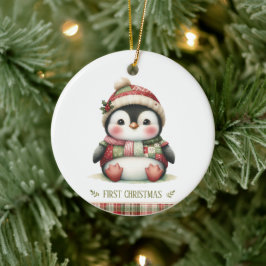 パッチワークペンギンの最初のクリスマス記念フォト セラミックオーナメント