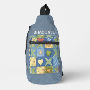 パッチワークライトブルーデニムテクスチャ スリングバッグ