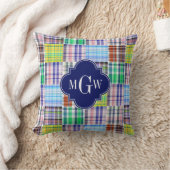 パッチワーク名門私立校風のマドラスネイビークローバーモノグラム クッション (ブランケット)
