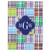 パッチワーク名門私立校風のマドラスネイビークローバーモノグラム クリップボード (裏面)