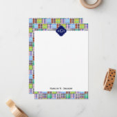 パッチワーク名門私立校風のマドラスネイビークローバーモノグラム ノートカード (正面/裏面インサイチュ)