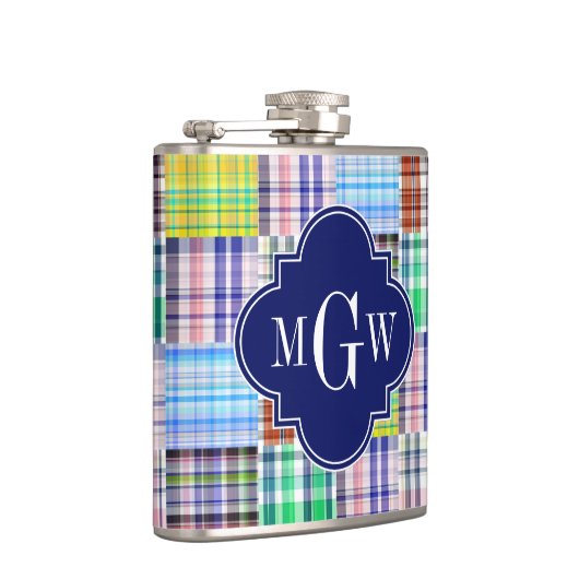 パッチワーク名門私立校風のマドラスネイビークローバーモノグラム フラスク (右)