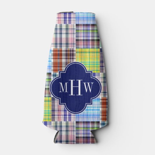 パッチワーク名門私立校風のマドラスネイビークローバーモノグラム ボトルクーラー (正面)