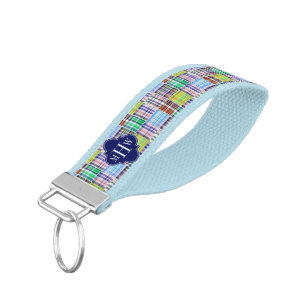 パッチワーク名門私立校風のマドラスネイビークローバーモノグラム リストバンドキーホルダー