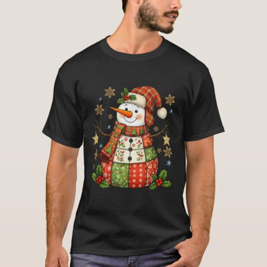 パッチワーク名門私立校風の雪だるまガーリークリスマスクリスマスホリ Tシャツ (正面)