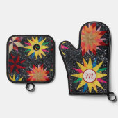 パッチワーク星キルトパターン 鍋つかみ&鍋敷きセット (正面)