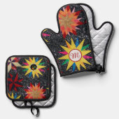 パッチワーク星キルトパターン 鍋つかみ&鍋敷きセット (正面/裏面)