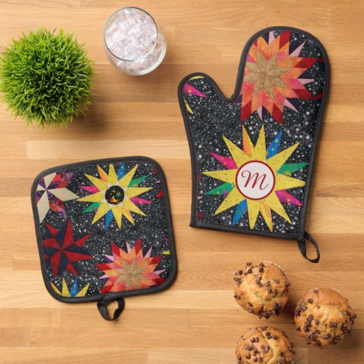 パッチワーク星キルトパターン 鍋つかみ&鍋敷きセット (トップダウン)