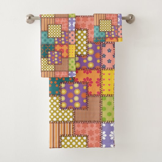 パッチワーク模様フラワーズ水玉模様ストライプ バスタオルセット (インサイチュ)