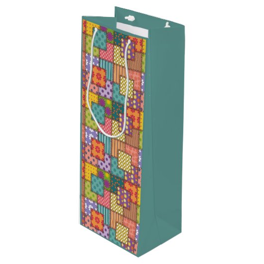 パッチワーク模様フラワーズ水玉模様ストライプ ワインギフトバッグ (正面アングル)