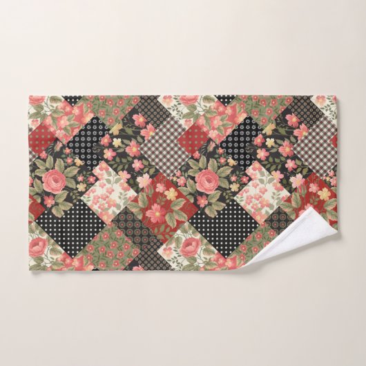 パッチワーク模様幾何学模様の花水玉模様 バスタオルセット (ハンドタオル)