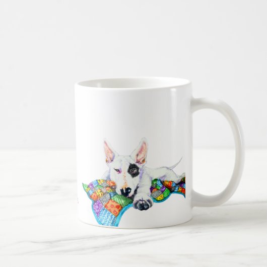 パッチワーク毛布の白いブルテリア – アート コーヒーマグカップ (右)