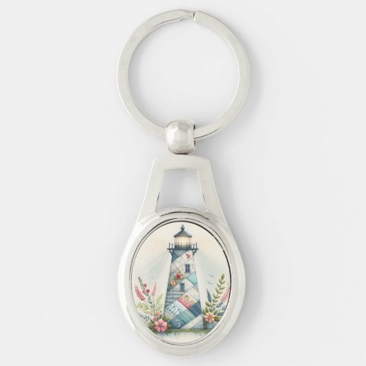 パッチワーク灯台海岸の花の情景 キーホルダー (正面)