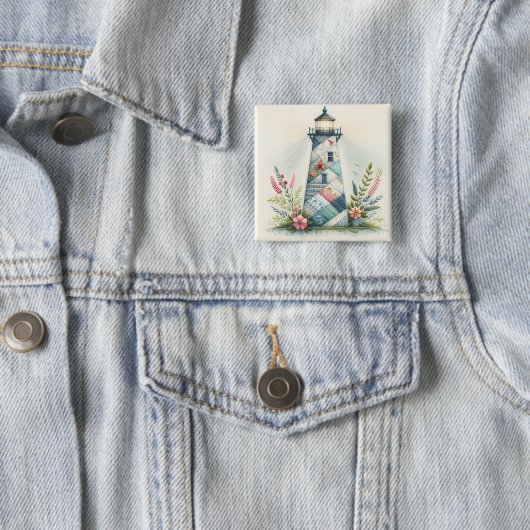 パッチワーク灯台海岸の花景色 缶バッジ (インサイチュ)