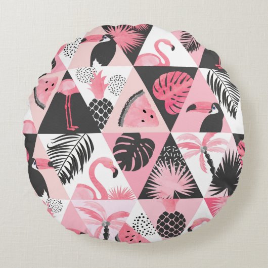 パッチワーク熱帯:フラミンゴスイカシームレス。 ラウンドクッション (正面)