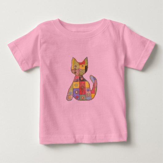 パッチワーク猫ピンクTシャツ ベビーTシャツ (正面)