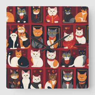 パッチワーク猫AIアートウォールクロック スクエア壁時計