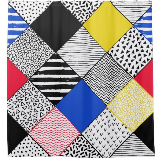 パッチワーク背景：鳥、水玉模様。 シャワーカーテン (正面)