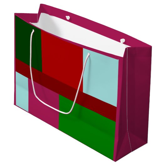 パッチワーク赤いライトブルーのホットピンク ラージペーパーバッグ (正面アングル)