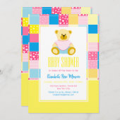 パッチワーク金ゴールドベア赤ちゃんシャワー 招待状 (正面/裏面)