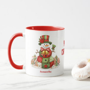 パッチワーク雪だるまクリスマス マグカップ