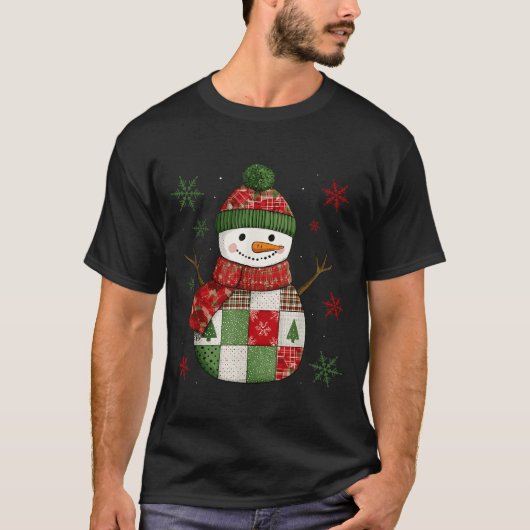 パッチワーク雪だるまレトロおもしろいクリスマス雪だるまホ Tシャツ (正面)