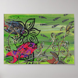 パッチワーク魚プリント ポスター