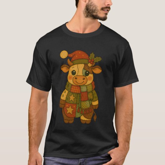 パッチワーク クリスマス 牛 冬の休日 クリスマス 動物 Tシャツ (正面)
