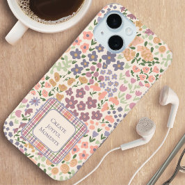 パッチワーク フラワー プリントとチェック柄のスマホケース iPhone 15ケース