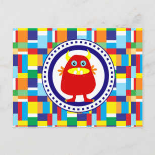 パッチワーク・ブロックにカラフル置かれたかわいい赤い怪物 ポストカード