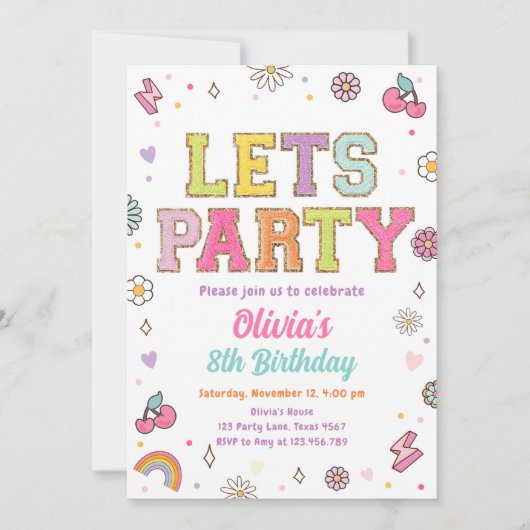 パッチ文字多様性ファッション名門私立校風の10代の誕生日 招待状 (正面)