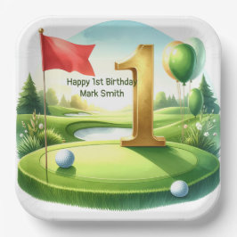 パッティンググリーンにテーマを置いたゴルフの1歳誕生日 ペーパープレート