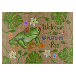 パッドのパーソナライズな名前へのカエルの熱帯歓迎 カッティングボード