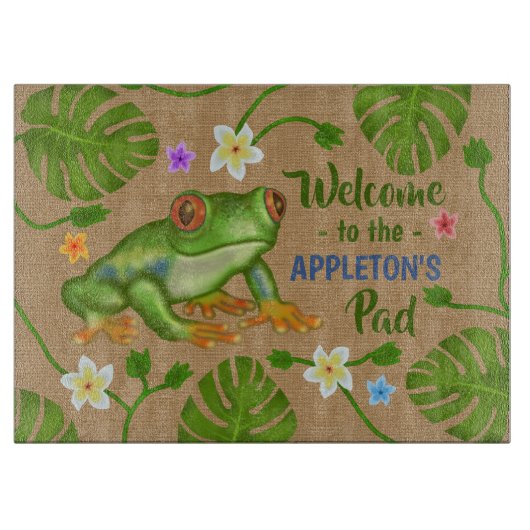パッドのパーソナライズな名前へのカエルの熱帯歓迎 カッティングボード (正面)