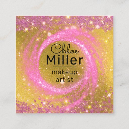 パッファンシークスタイリッシュ・ピンクと金ゴールドのメイクアップアーティスト スクエア名刺 (正面)