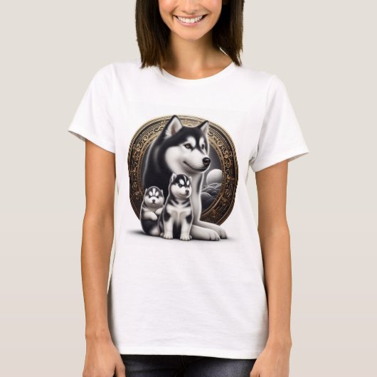 パップ付きシベリアのハスキー Tシャツ (正面)