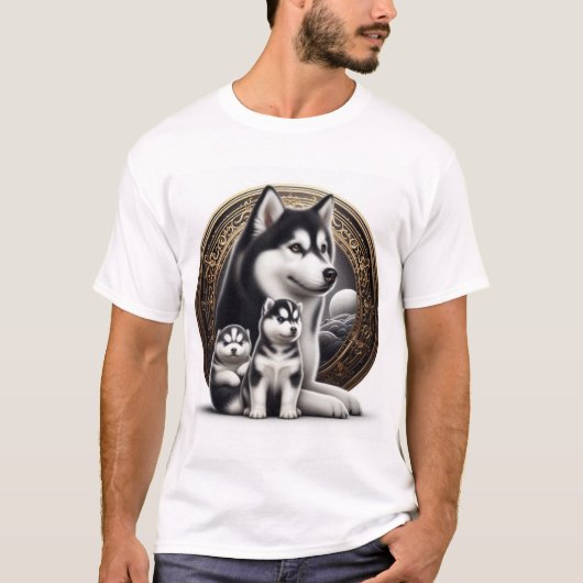 パップ付きシベリアのハスキー Tシャツ (正面)
