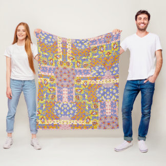 パッモダンチワークデイジー花on Periwinkle フリースブランケット