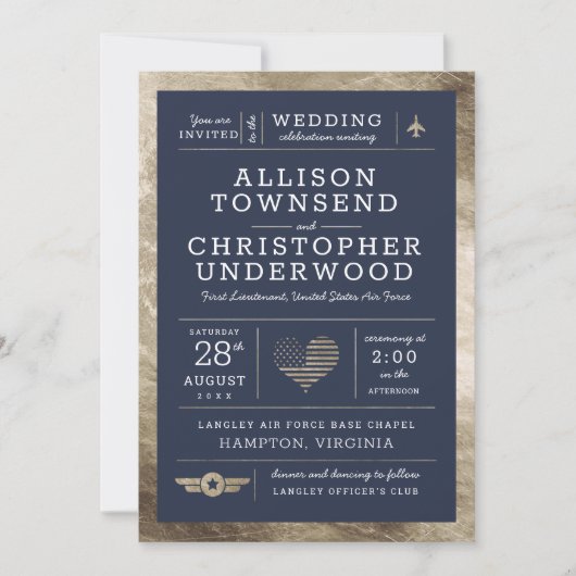 パティオ結婚スの星とストライプ金フェイク箔 案内状 (正面)